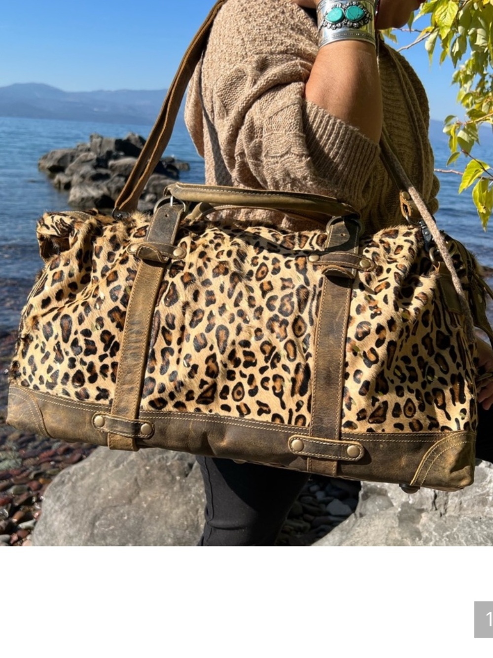 Myra Leopard Print Leather Travel Duffel Bag - Brown Gold Black - Picture 3 of 5